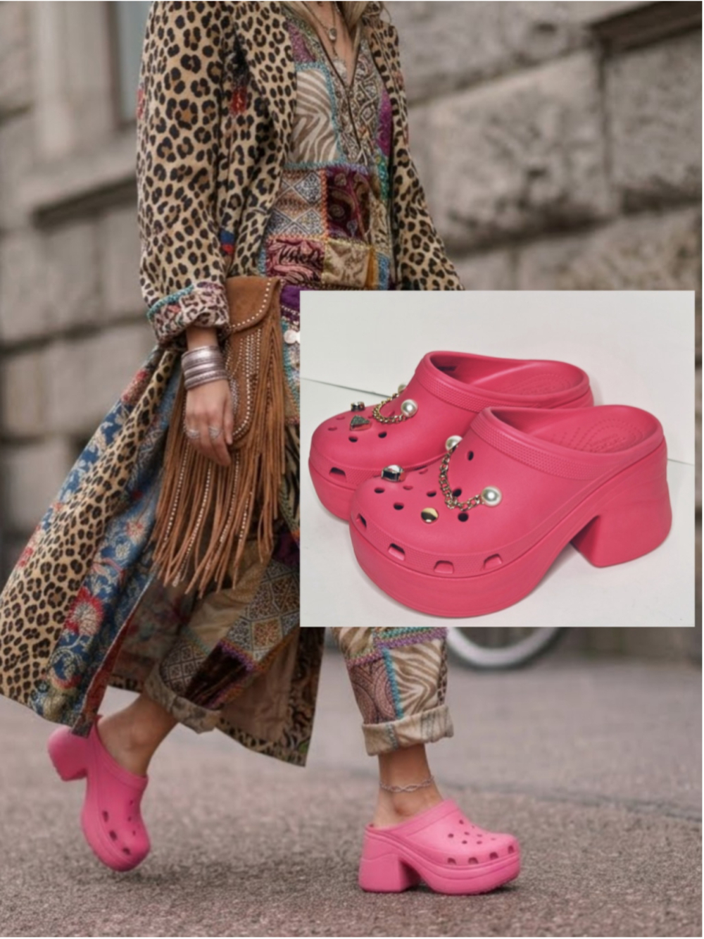 Crocs Siren Clog platform High Heels Women's Size 8 Pink Gold Pearl Chain